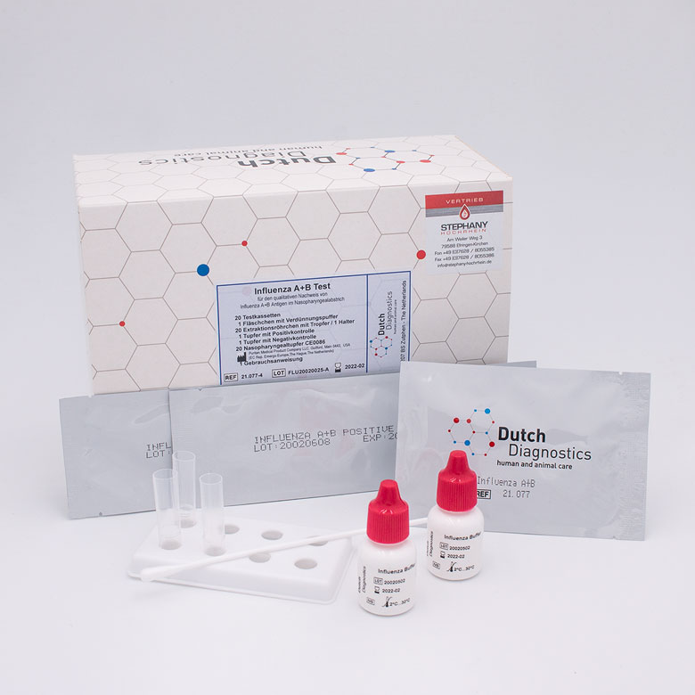 Verpackung des Influenza A und B Kassettentests von Dutch Diagnostics mit Pufferflaschen, Extraktionsröhrchen und Reagenzienhalter