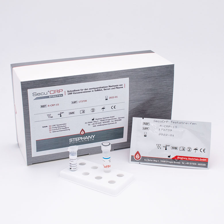 Verpackung des SECU CRP Streifentests mit Pufferfläschchen, End-to-End-Kapillaren und Reagenzienhalter